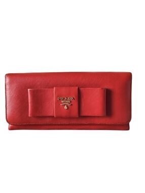 Prada Red Saffiano Bow Clutch Wallet COA Included